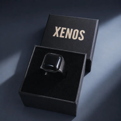 Black Onyx Square Signet Ring Displayed in Xenos Jewelry Box