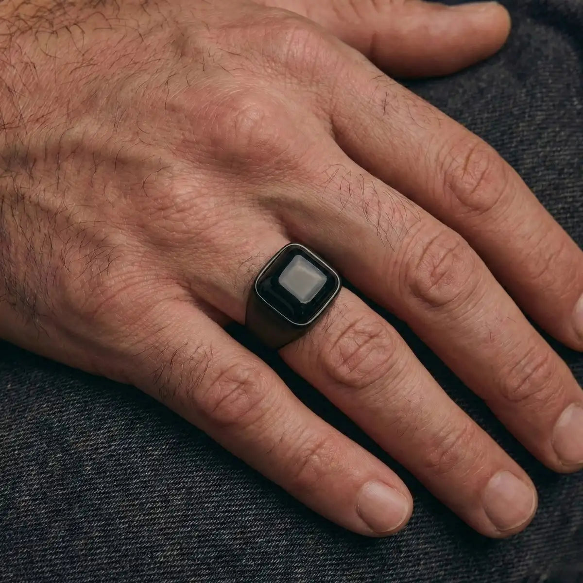 Black Onyx Square Signet Ring Worn by Male Model Close Up