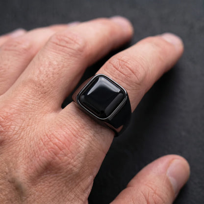 Black Onyx Square Signet Ring Worn by Model Close Up