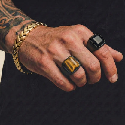 Black Onyx Square Signet Ring and Black Square Tiger Eye Ring Worn by Male Model