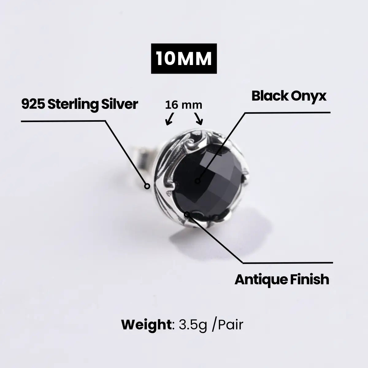 Black Onyx Stud Earrings 10mm Dimensions and Weight