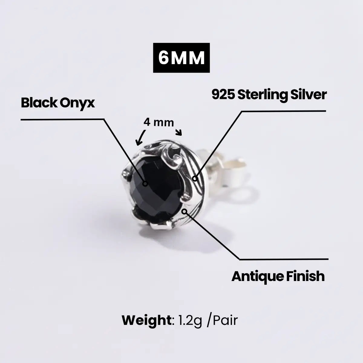 Black Onyx Stud Earrings 6mm Dimensions and Weight