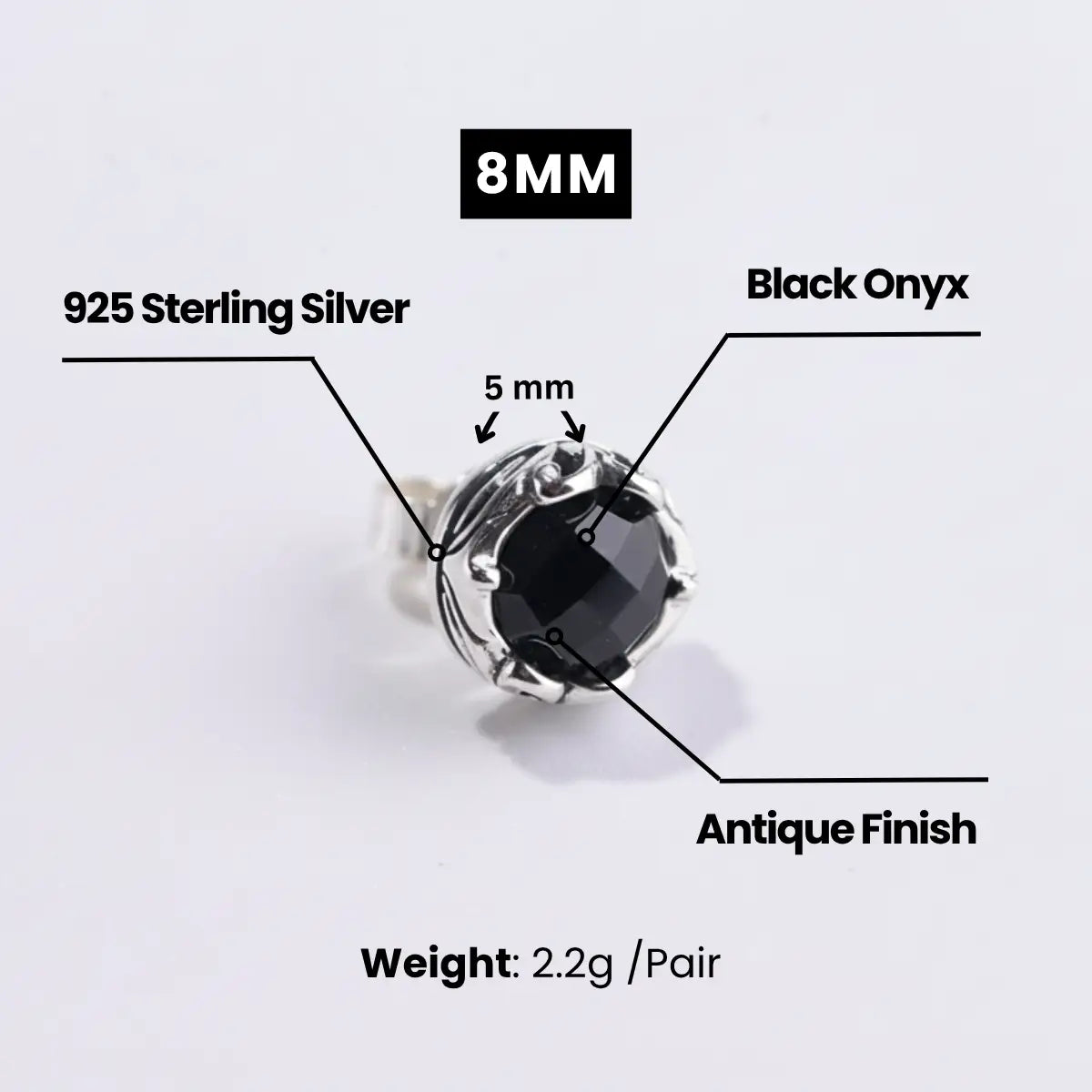 Black Onyx Stud Earrings 8mm Dimensions and Weight
