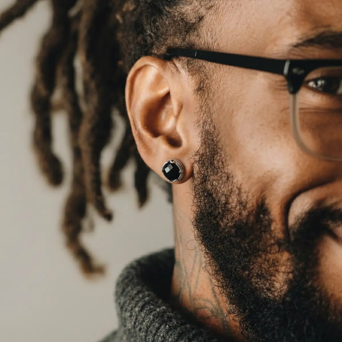Black Onyx Stud Earrings Worn by Male Model