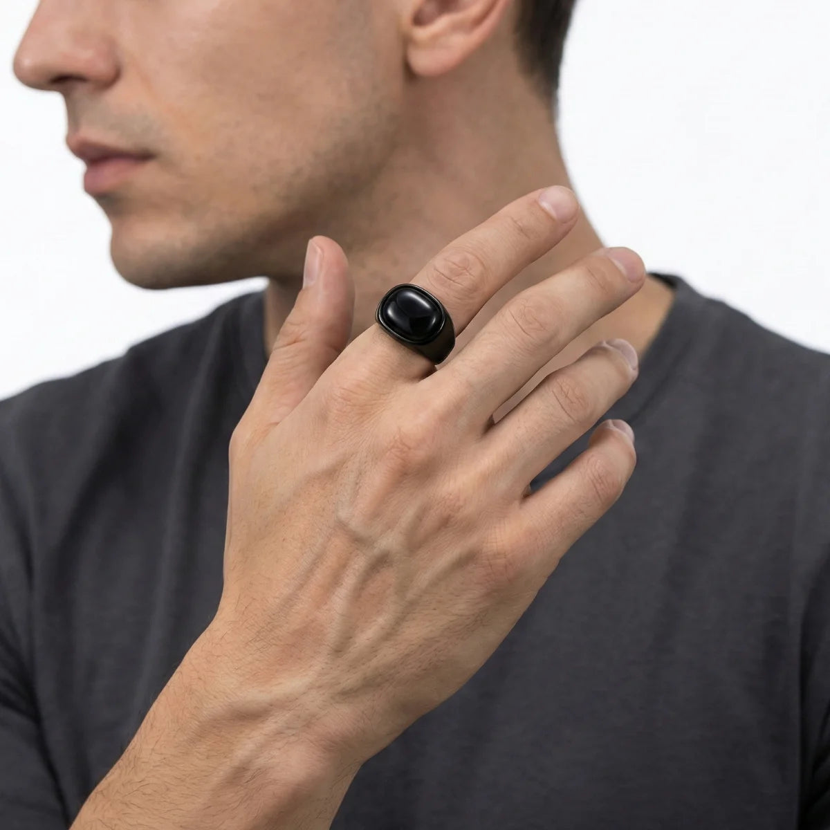 Black Ring with Black Stone Worn by Male Model