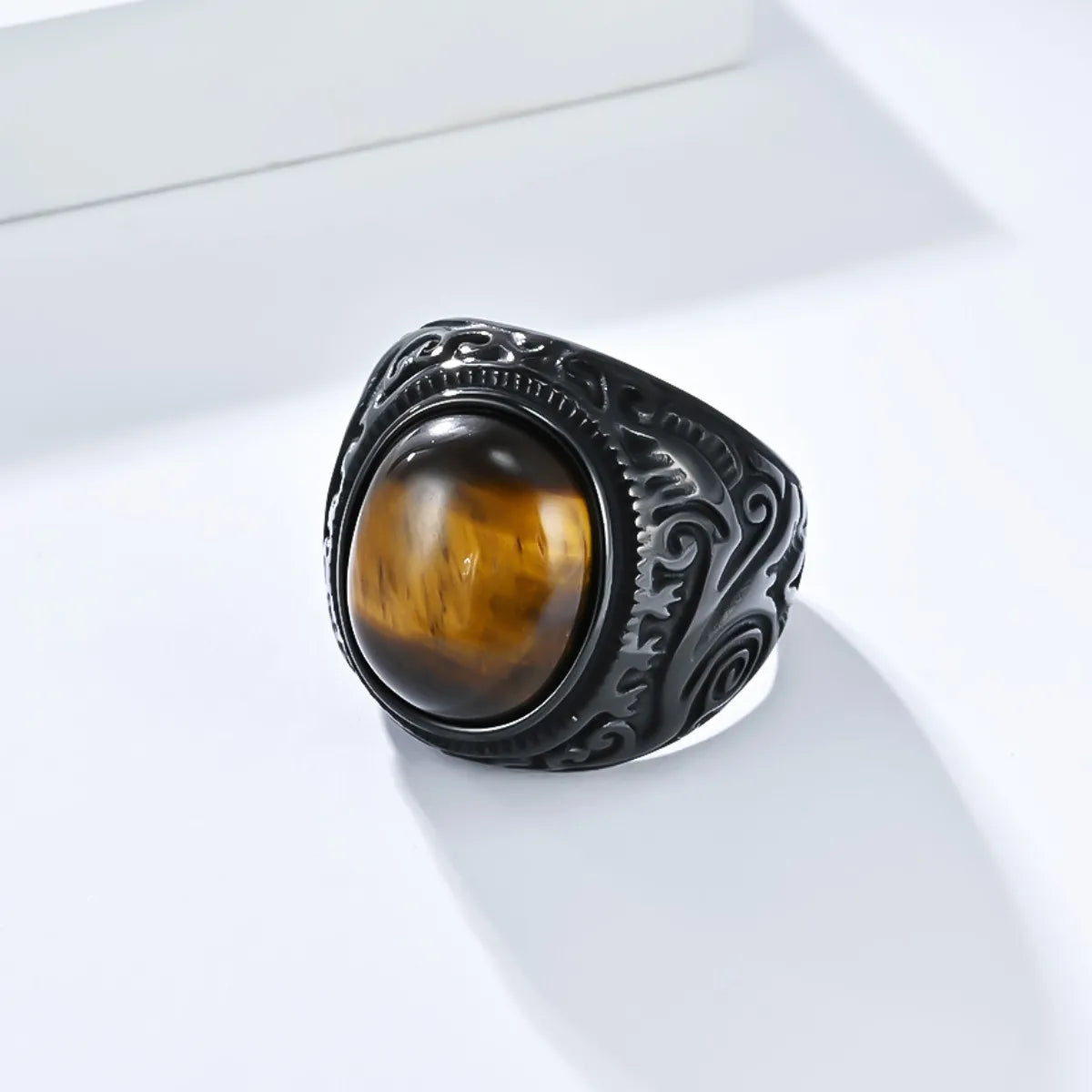 Black Scrollwork Tiger Eye Signet Ring Details