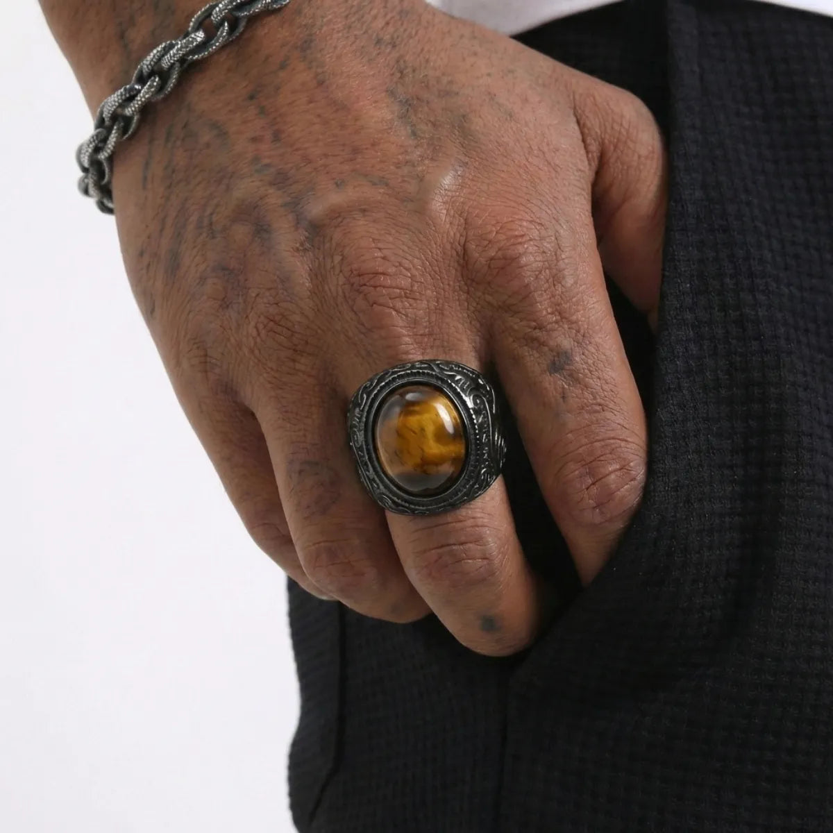 Black Scrollwork Tiger Eye Signet Ring Worn by Male Model