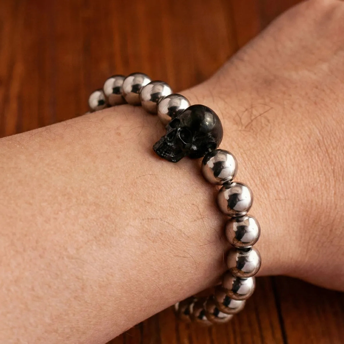 Black Skull Bead Bracelet Worn by Male Model