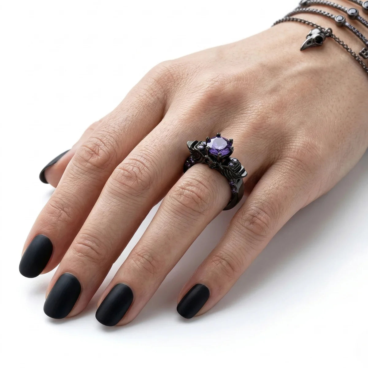 Black Skull Engagement Ring Worn by Female Model