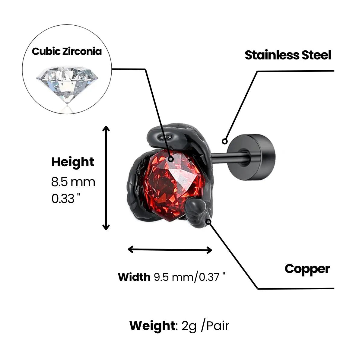 Black Snake Red CZ Barbell Stud Dimensions and Weight