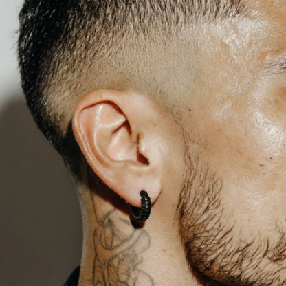 Black Snake Skin Hoop Earrings Worn by Male Model