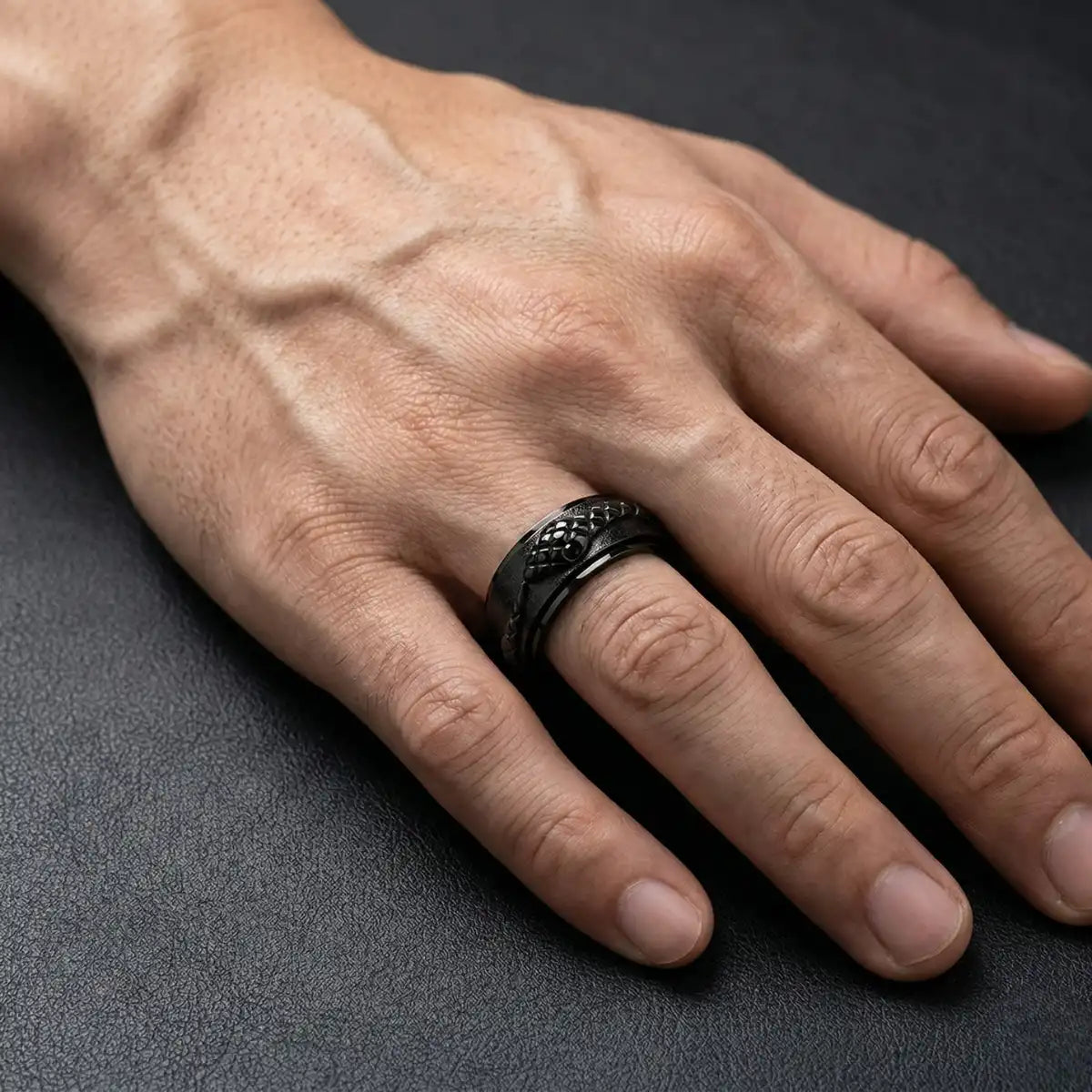 Black Snake Spinner Ring Worn by Male Model
