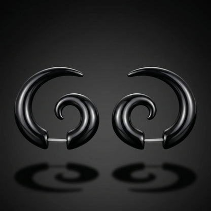 Black Spiral Horn Earrings Pair Close Up Black Background with Reflection