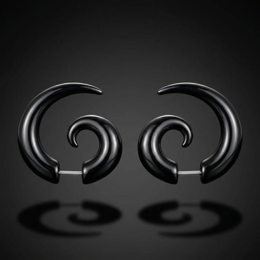 Black Spiral Horn Earrings Pair Close Up Black Background with Reflection