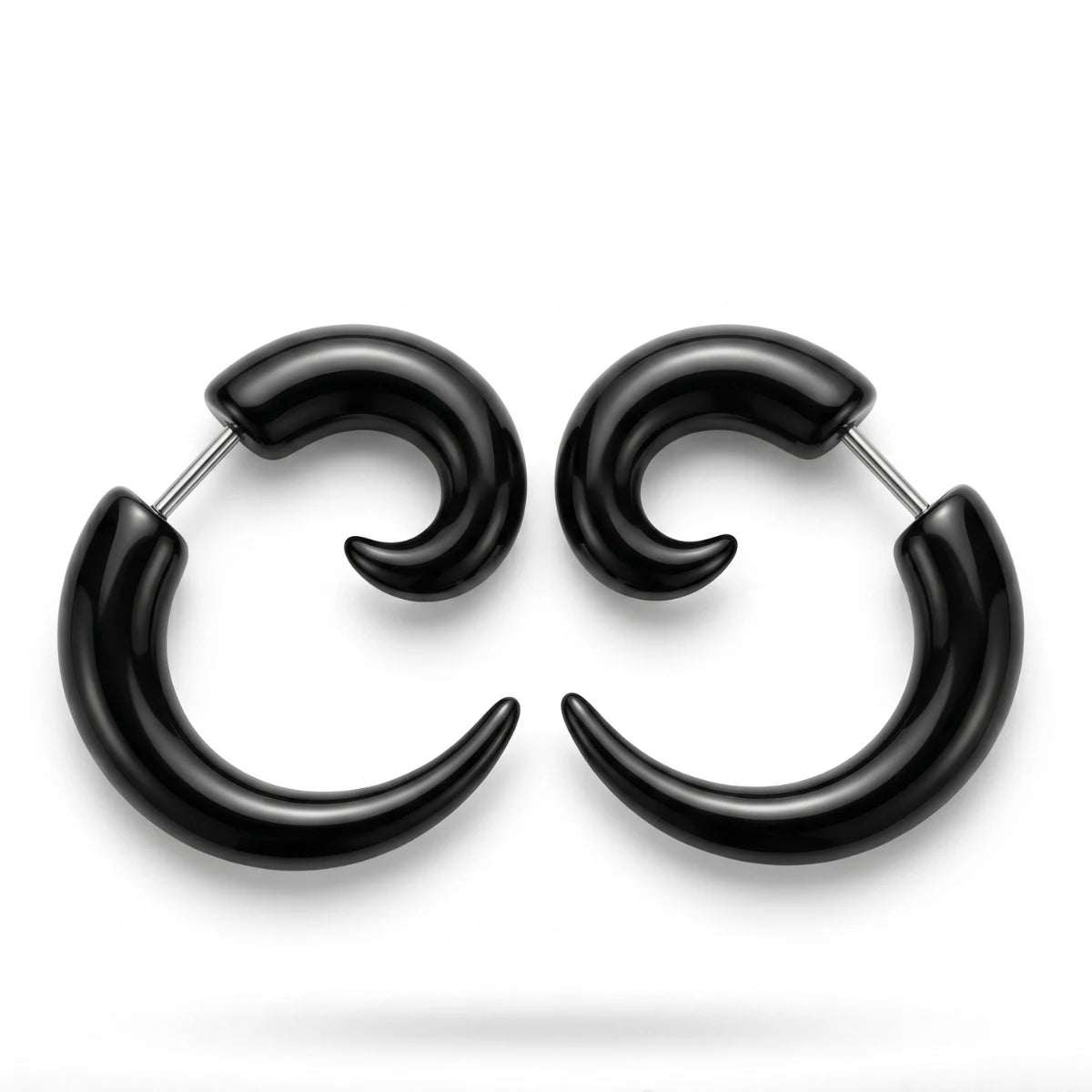 Black Spiral Horn Earrings Pair White Background Front View