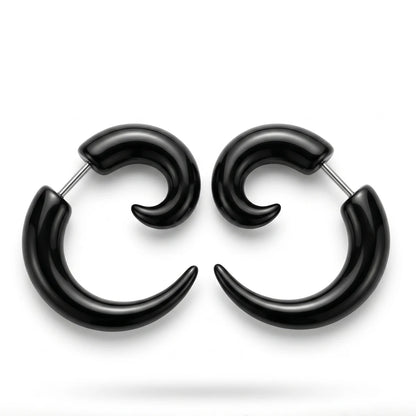 Black Spiral Horn Earrings Pair White Background Front View