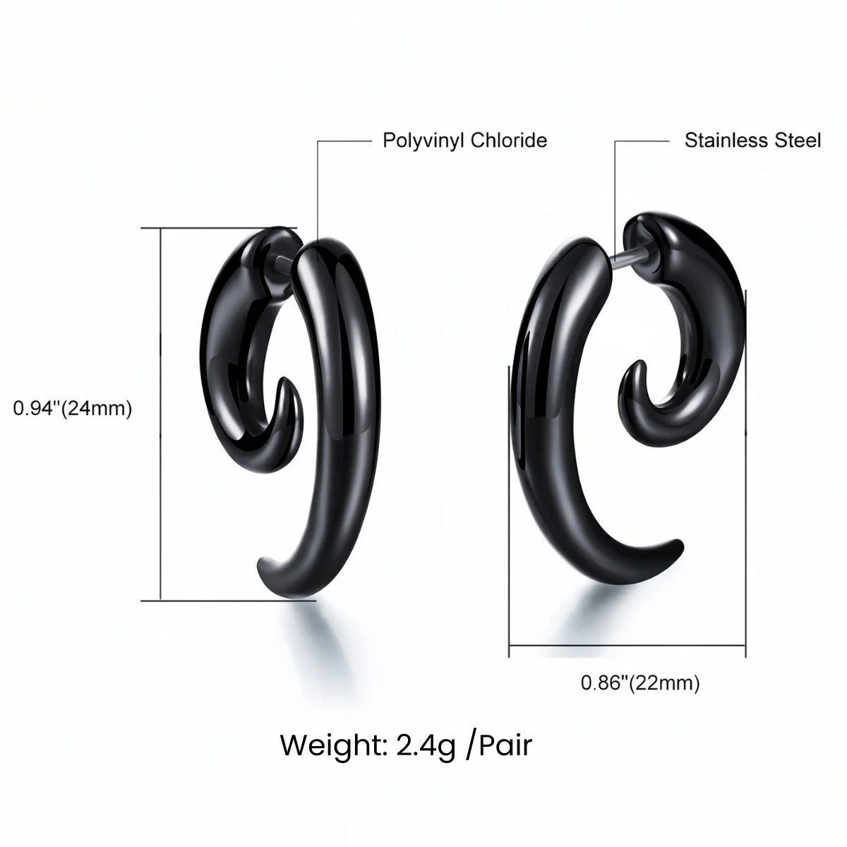 Black Spiral Horn Earrings Product Dimensions and Weight Details Diagram