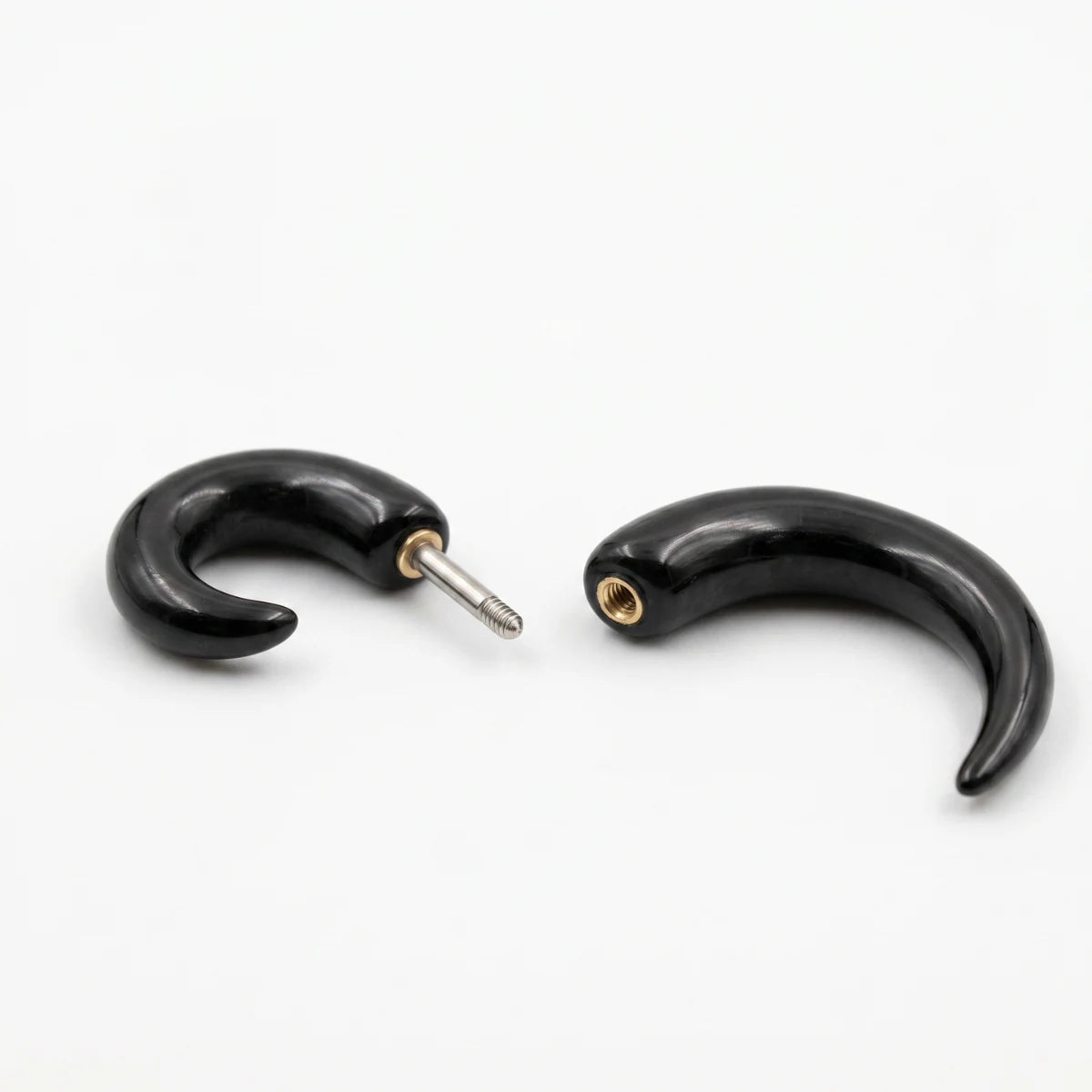 Black Spiral Horn Earrings Unscrewed and Separated White Background Details