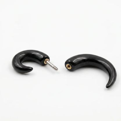Black Spiral Horn Earrings Unscrewed and Separated White Background Details