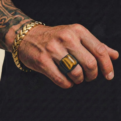 Black Square Tiger Eye Ring Worn by Male Model