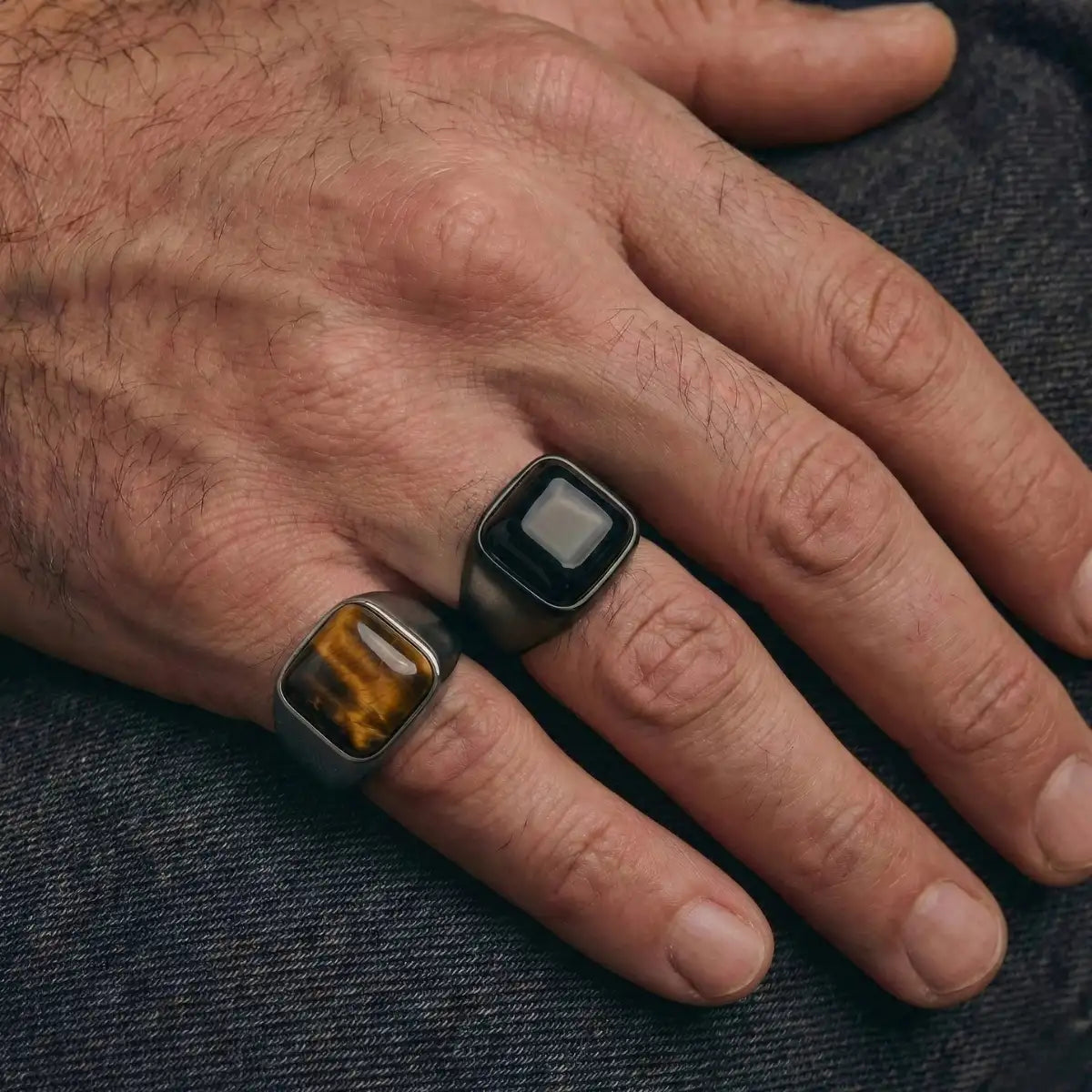 Black Square Tiger Eye Ring and Black Onyx Square Signet Ring Worn by Male Model