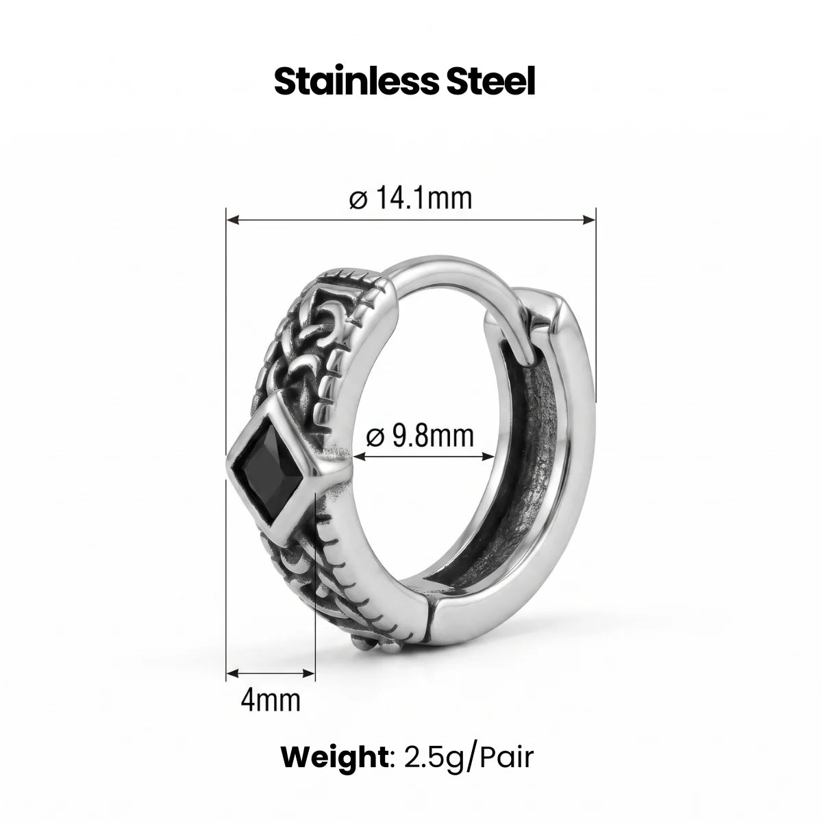 Black Stone Celtic Hoop Earrings Silver Dimensions and Weight Infographic