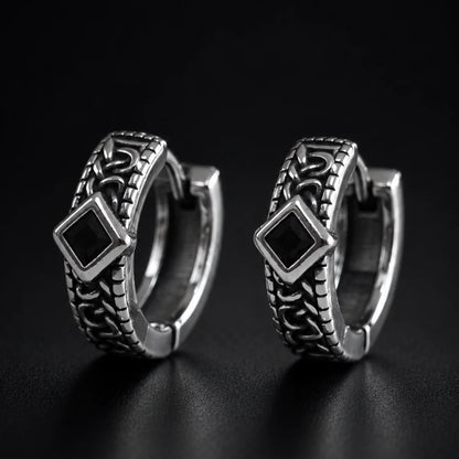 Black Stone Celtic Hoop Earrings Silver Pair Close Up Black Background