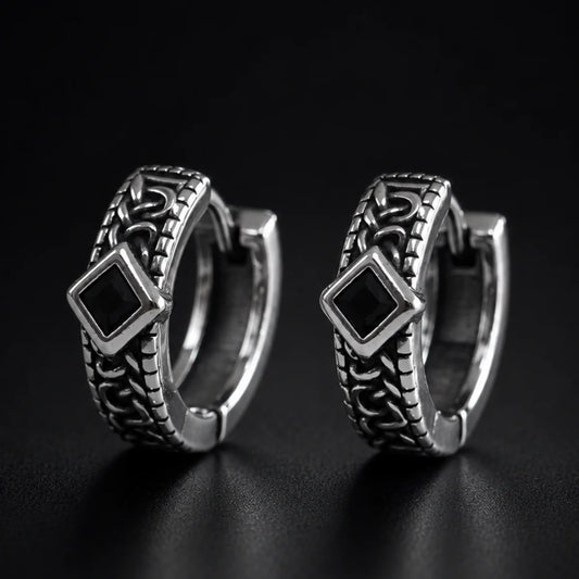 Black Stone Celtic Hoop Earrings Silver Pair Close Up Black Background