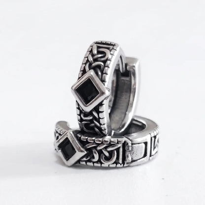 Black Stone Celtic Hoop Earrings Silver Pair Stacked Front View White Background
