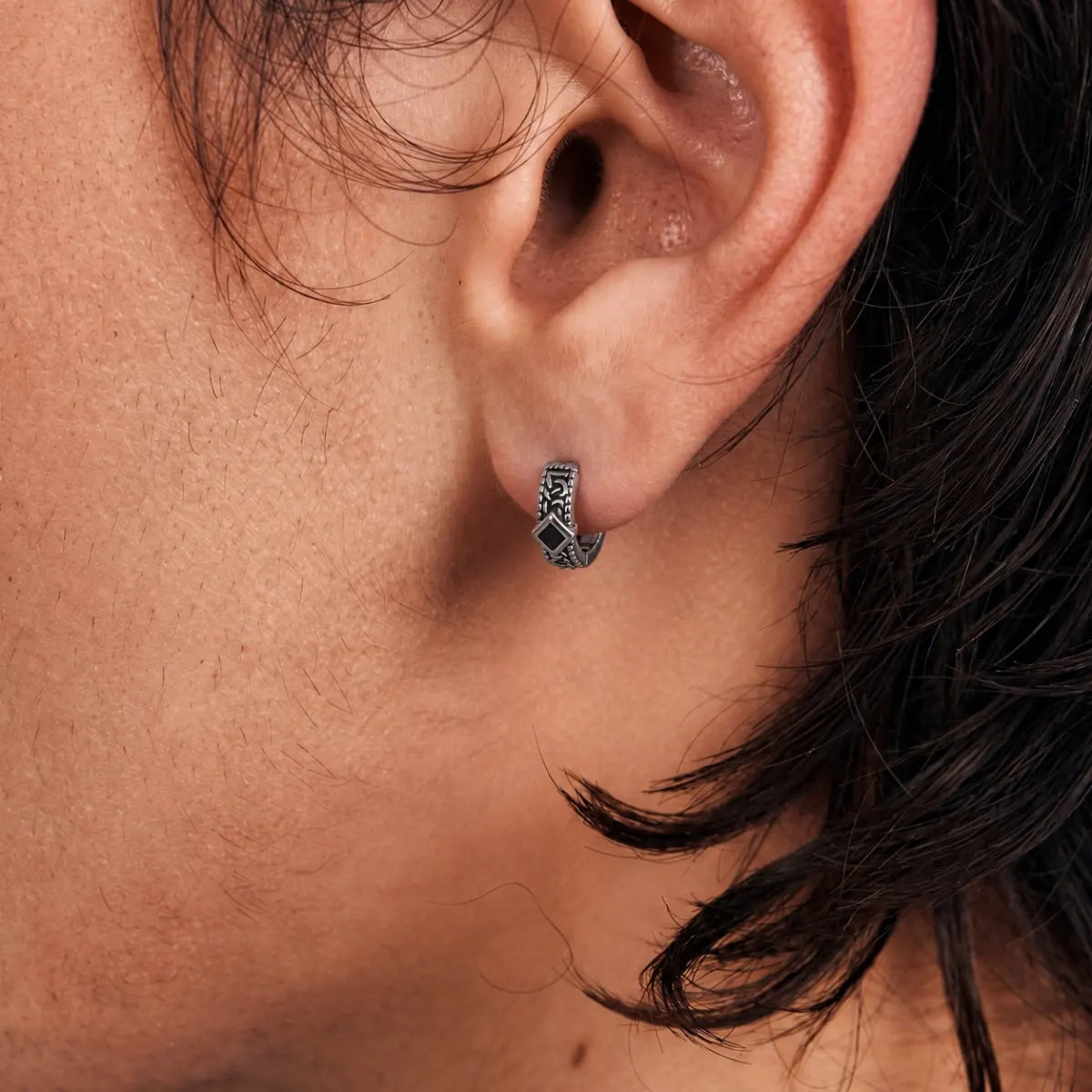 Black Stone Celtic Hoop Earrings Silver Worn by Male Model Close Up