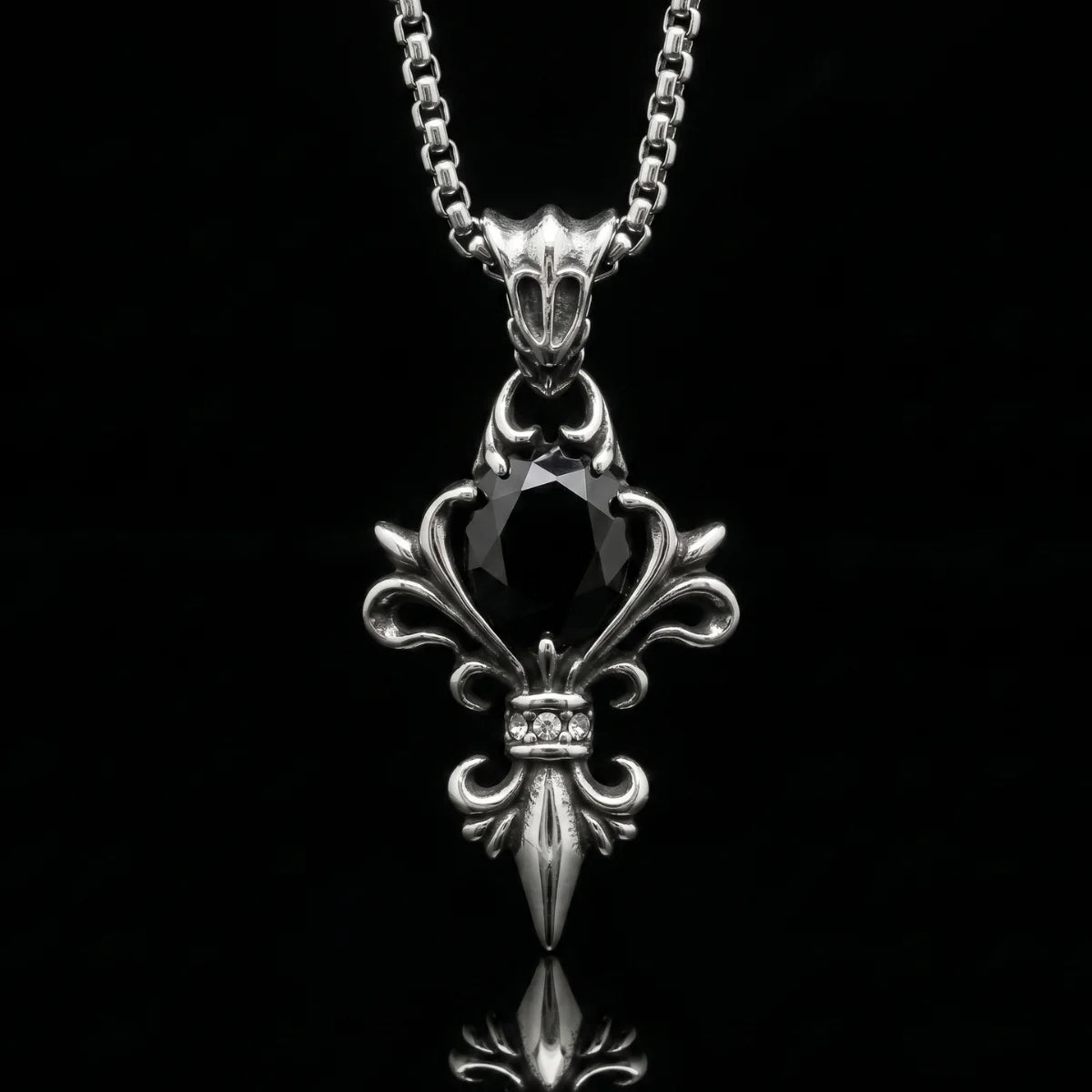Black Stone Fleur De Lis Necklace Close Up Black Background