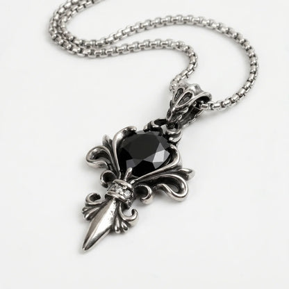 Black Stone Fleur De Lis Necklace Close Up