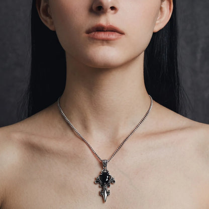 Black Stone Fleur De Lis Necklace Worn by Female Model