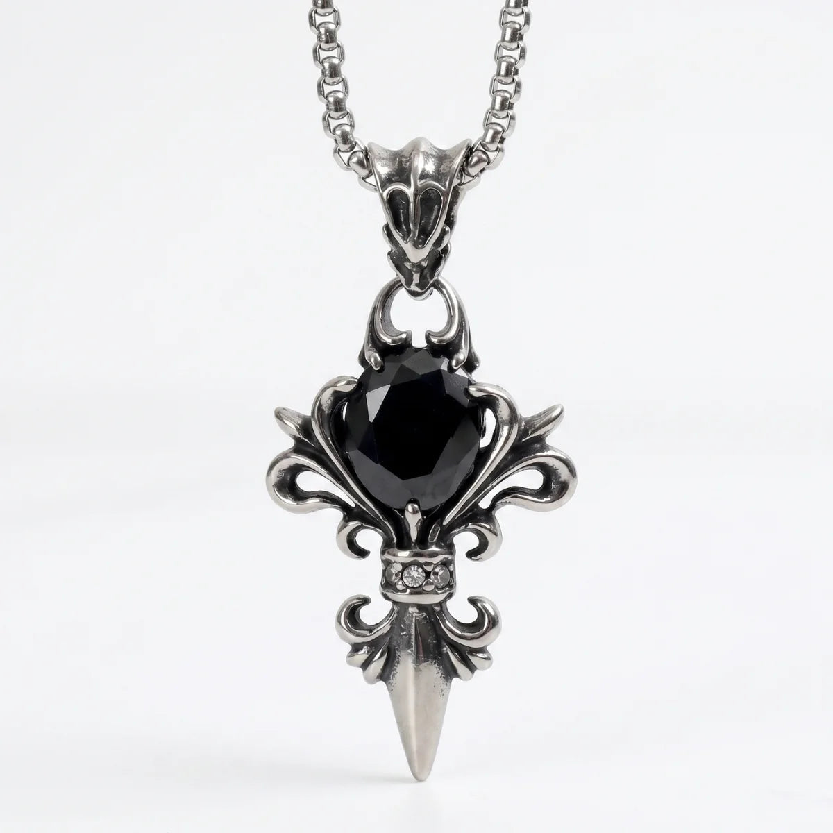 Black Stone Fleur De Lis Pendant with Chain