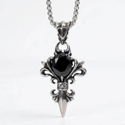 Black Stone Fleur De Lis Pendant with Chain