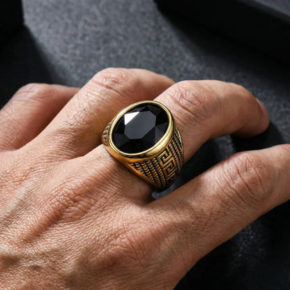 Black Stone Ring Gold Worn by Male Model