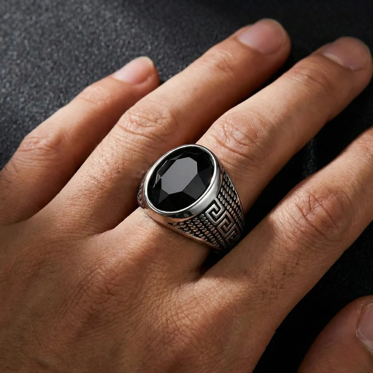 Black Stone Ring Silver Worn by Male Model