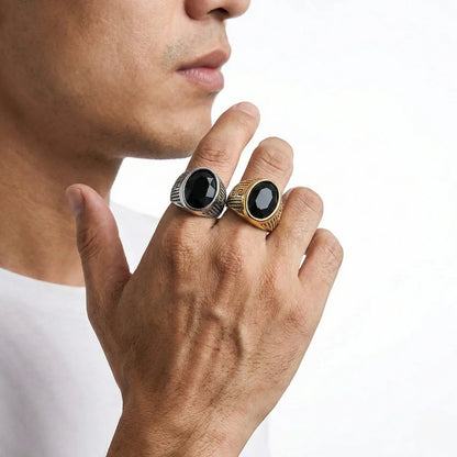 Black Stone Rings Worn by Male Model
