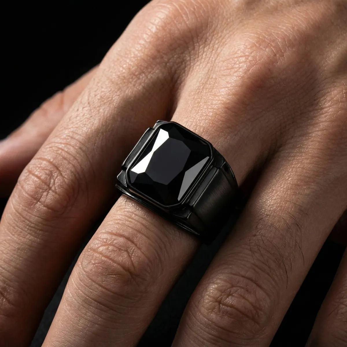 Black Stone Square Ring Worn by Male Model Close Up