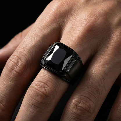 Black Stone Square Ring Worn by Male Model Close Up