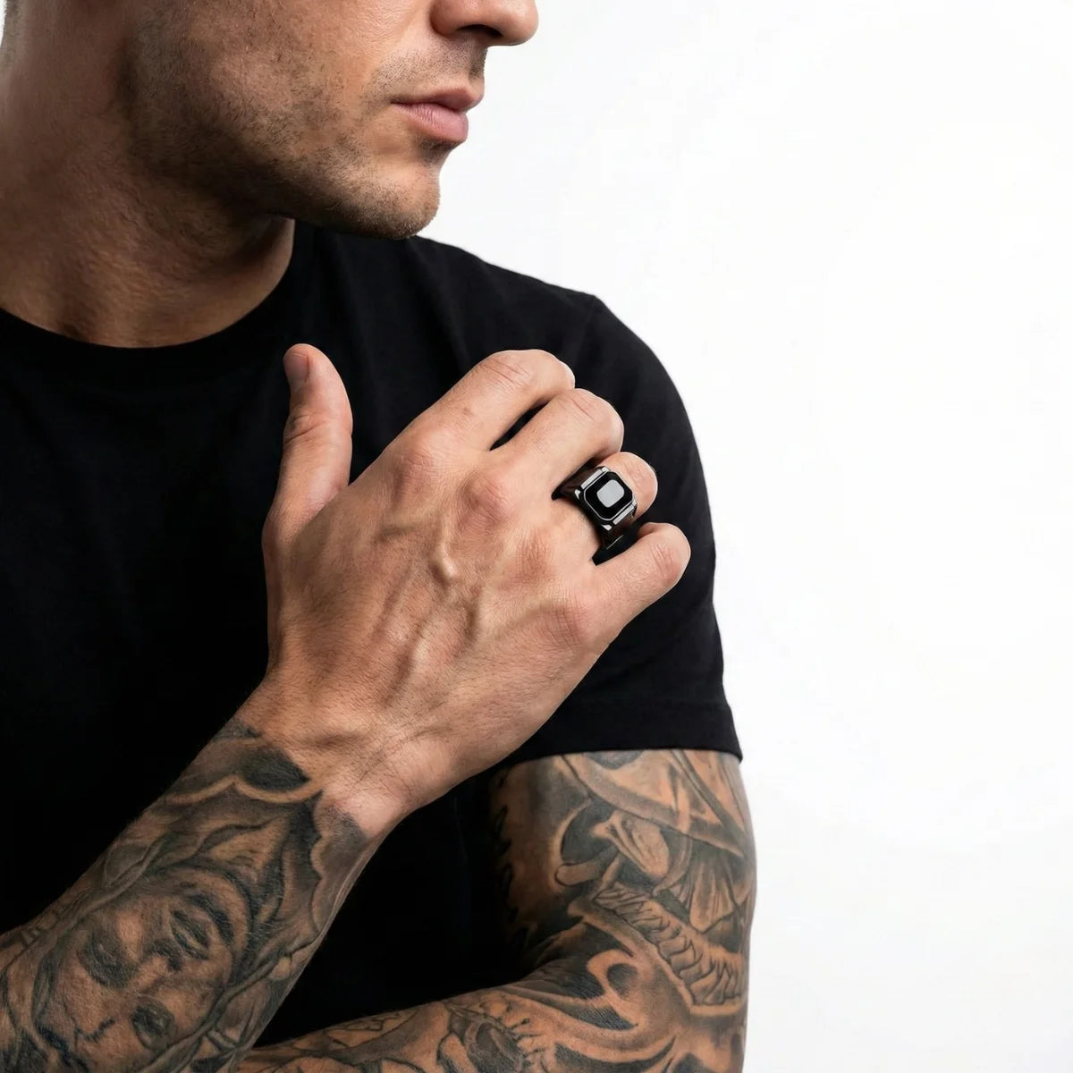 Black Stone Square Ring Worn by Male Model