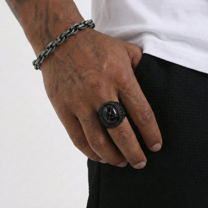 Black Turquoise Stainless Steel Ring Worn by Male Model