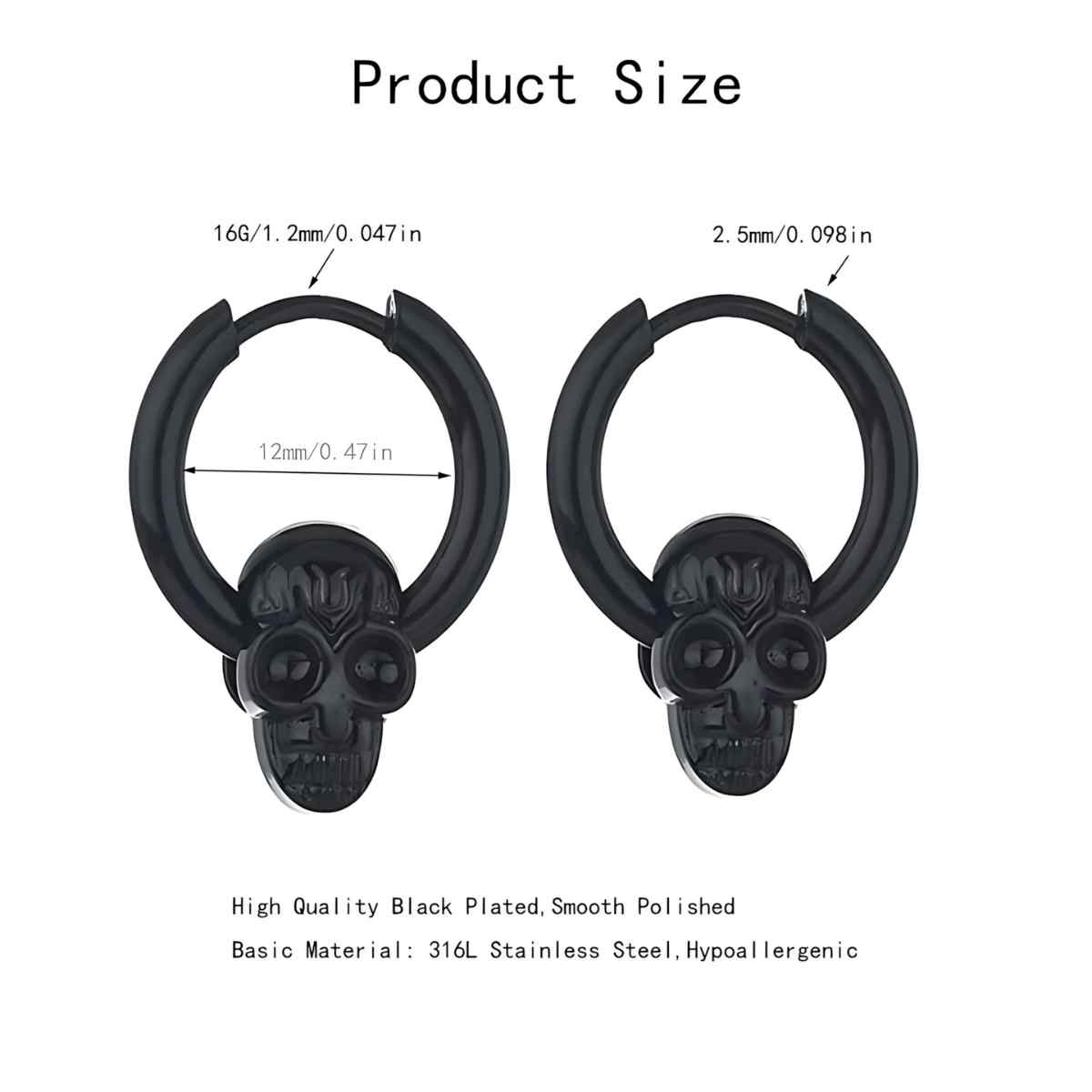 Black Unisex Skull Huggie Hoop Earrings Size