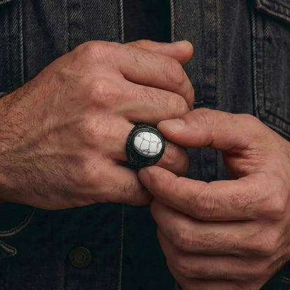 Black White Howlite Signet Ring Worn by Male Model Side