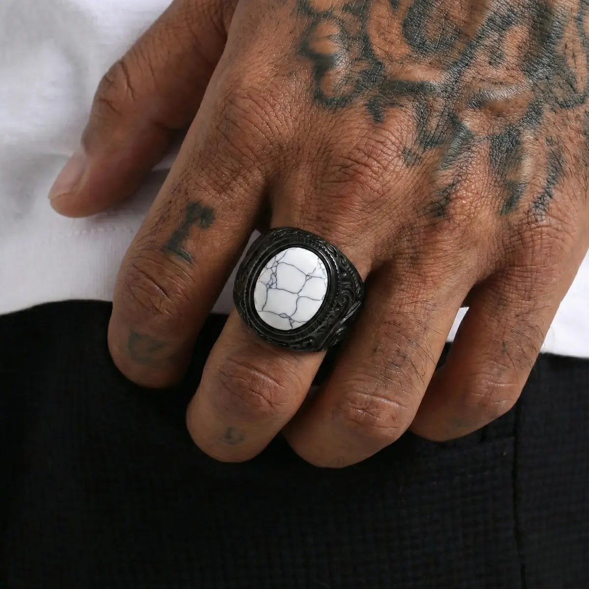 Black White Howlite Signet Ring Worn by Male Model