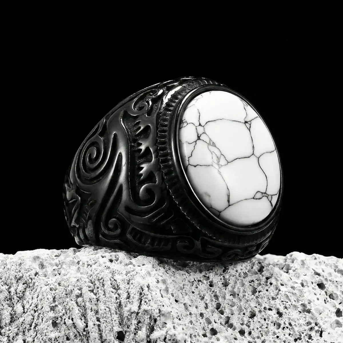 Black White Howlite Signet Ring