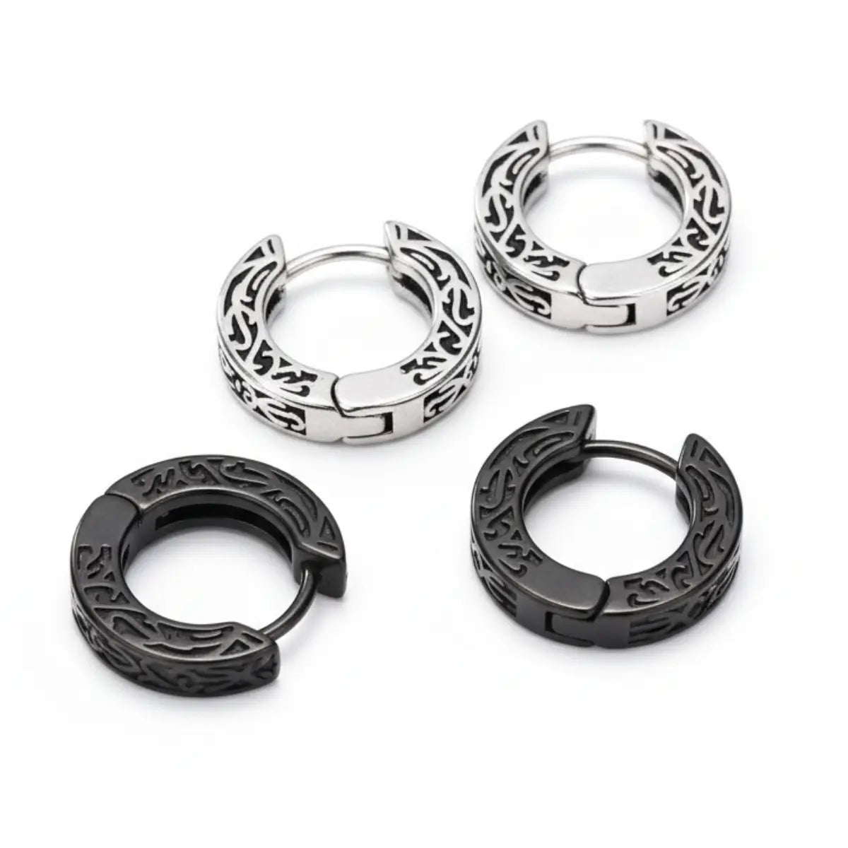 Black and Silver Celtic Knot Huggie Hoop Earrings Details