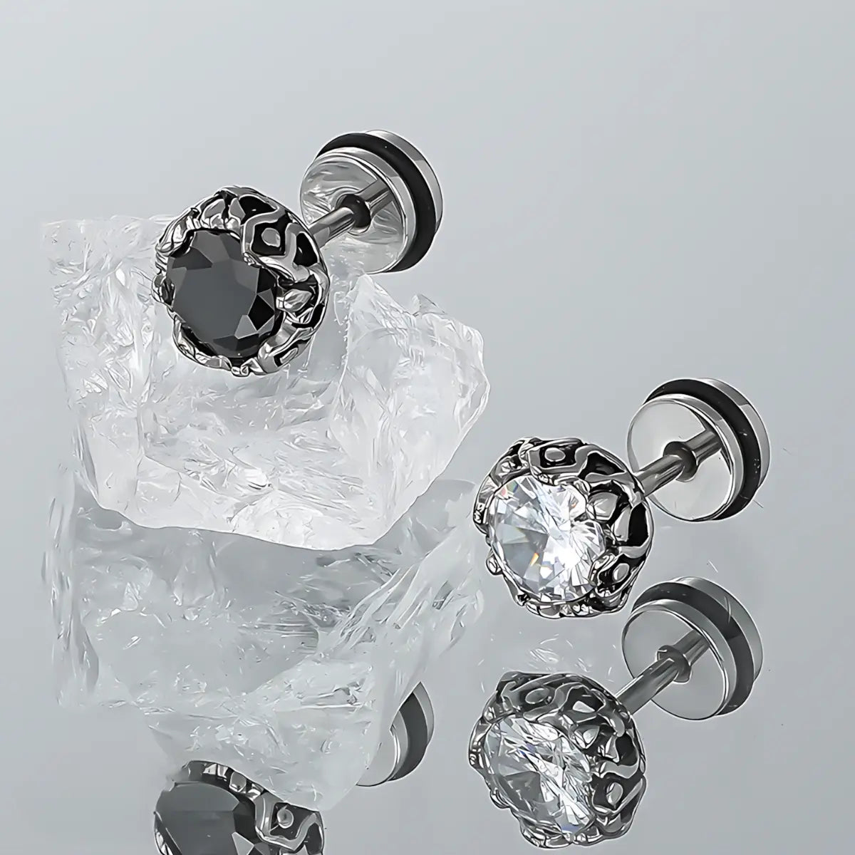 Black and White CZ Diamond Barbell Earrings Stainless Steel