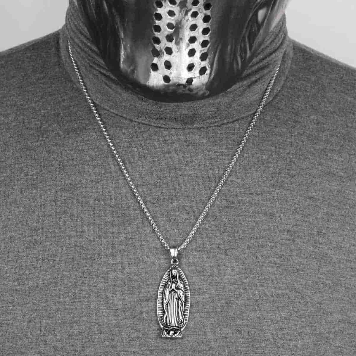 Blessed Virgin Mary Pendant Necklace Worn by Model Xenos Jewelry