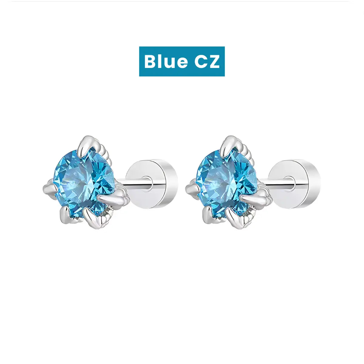 Blue CZ Diamond Claw Stud Earrings Stainless Steel